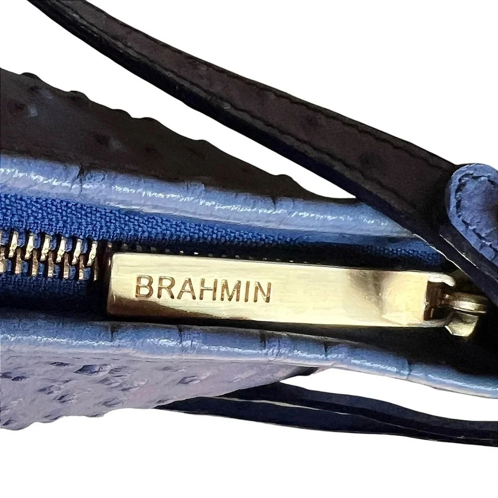 Brahmin Periwinkle Blue Ostrich Embossed Leather Small Shoulder Bag Gold Logo‎